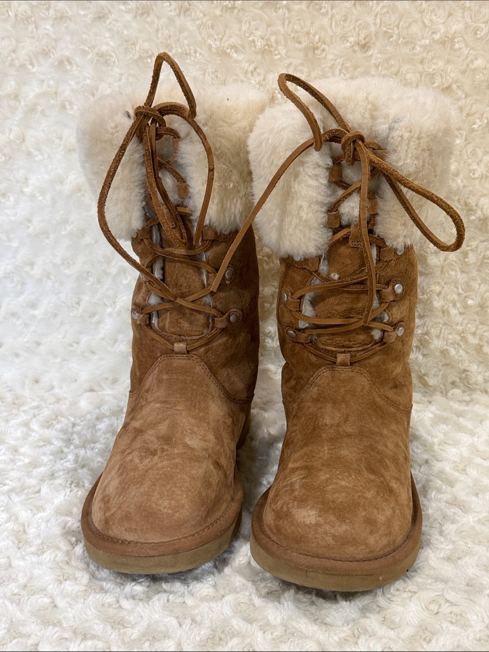 UGG Chestnut Suede Shearling Lace-Up Ankle Boots, sz 8